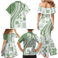 Green Hawaiian Quilt Pattern Family Matching Mermaid Dress and Hawaiian Shirt Mixed Polynesian Tribal Arty