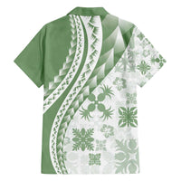 Green Hawaiian Quilt Pattern Family Matching Off The Shoulder Long Sleeve Dress and Hawaiian Shirt Mixed Polynesian Tribal Arty