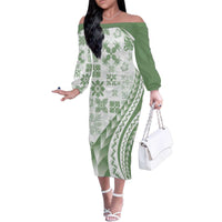 Green Hawaiian Quilt Pattern Family Matching Off The Shoulder Long Sleeve Dress and Hawaiian Shirt Mixed Polynesian Tribal Arty