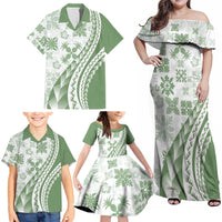 Green Hawaiian Quilt Pattern Family Matching Off Shoulder Maxi Dress and Hawaiian Shirt Mixed Polynesian Tribal Arty