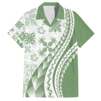 Green Hawaiian Quilt Pattern Family Matching Off Shoulder Maxi Dress and Hawaiian Shirt Mixed Polynesian Tribal Arty
