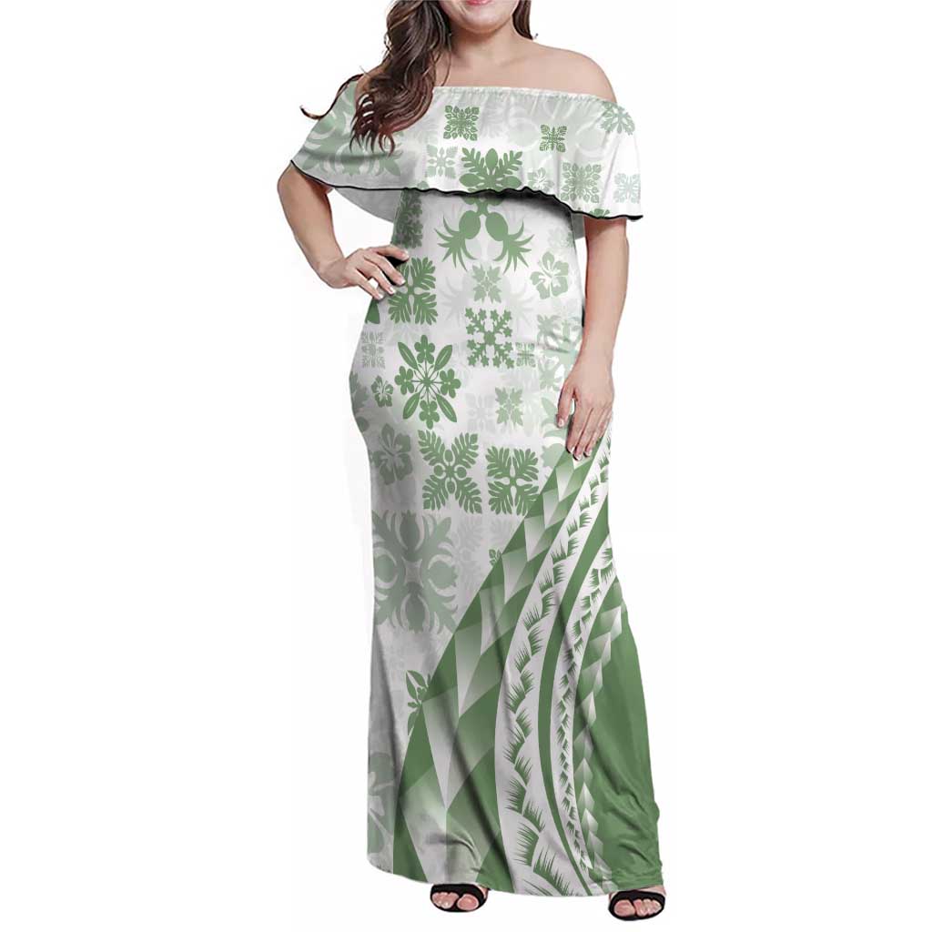 Green Hawaiian Quilt Pattern Family Matching Off Shoulder Maxi Dress and Hawaiian Shirt Mixed Polynesian Tribal Arty