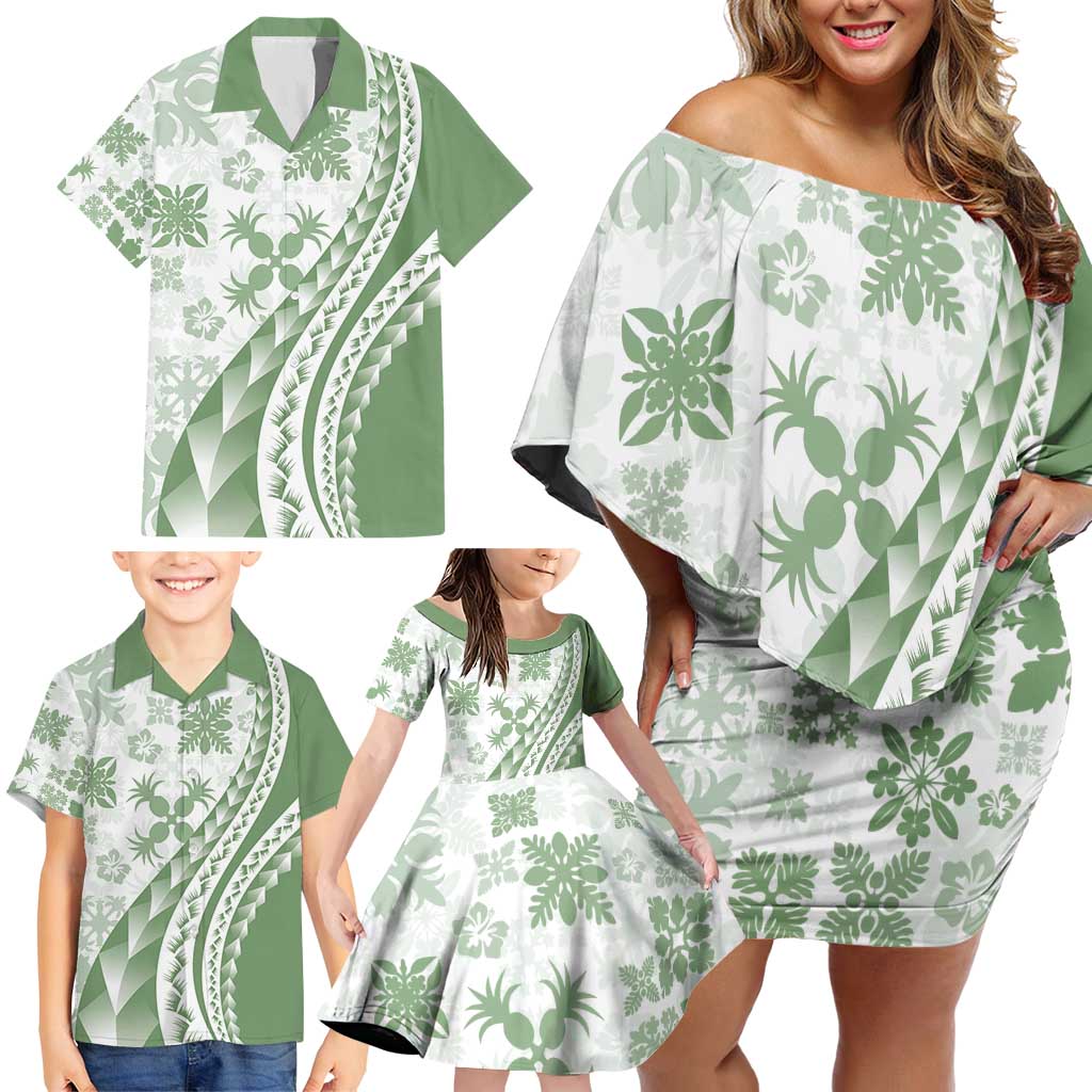 Green Hawaiian Quilt Pattern Family Matching Off Shoulder Short Dress and Hawaiian Shirt Mixed Polynesian Tribal Arty