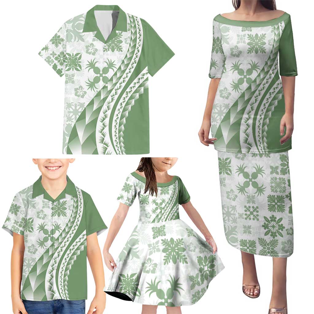 Green Hawaiian Quilt Pattern Family Matching Puletasi and Hawaiian Shirt Mixed Polynesian Tribal Arty