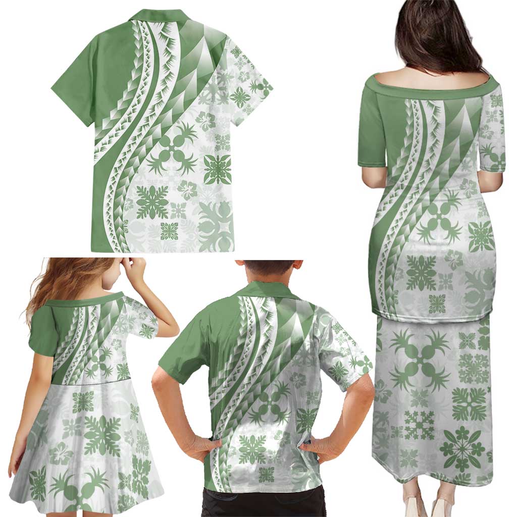 Green Hawaiian Quilt Pattern Family Matching Puletasi and Hawaiian Shirt Mixed Polynesian Tribal Arty