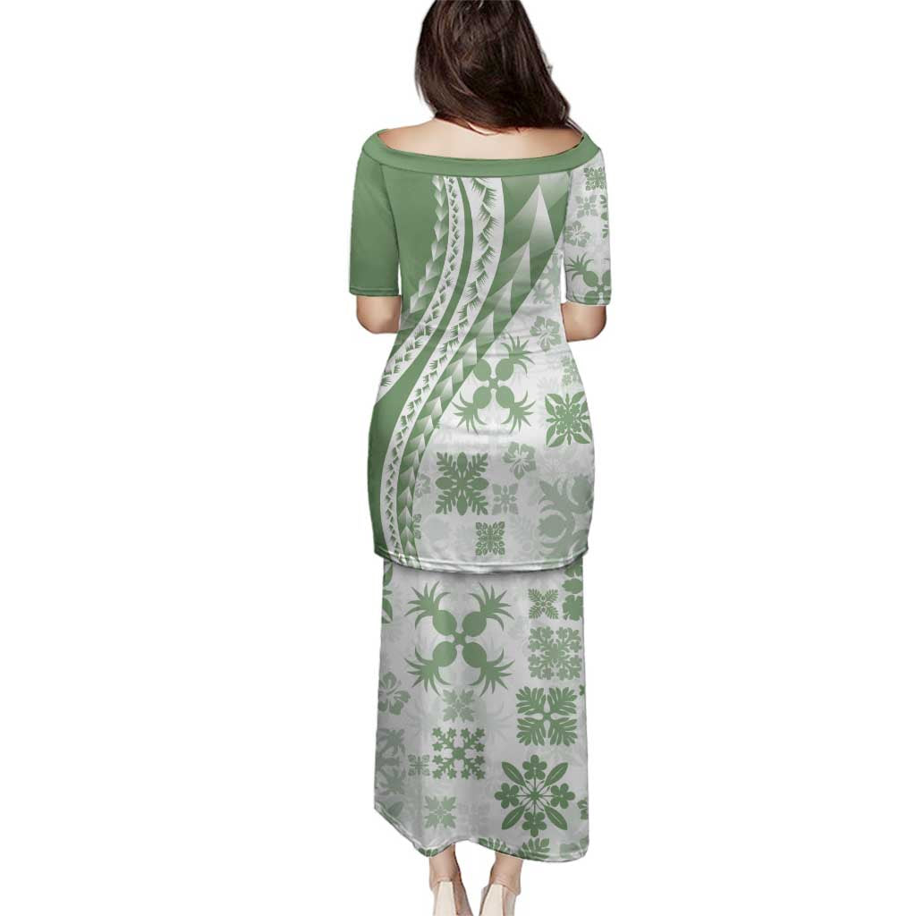 Green Hawaiian Quilt Pattern Family Matching Puletasi and Hawaiian Shirt Mixed Polynesian Tribal Arty