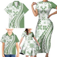 Green Hawaiian Quilt Pattern Family Matching Short Sleeve Bodycon Dress and Hawaiian Shirt Mixed Polynesian Tribal Arty