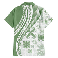 Green Hawaiian Quilt Pattern Family Matching Short Sleeve Bodycon Dress and Hawaiian Shirt Mixed Polynesian Tribal Arty
