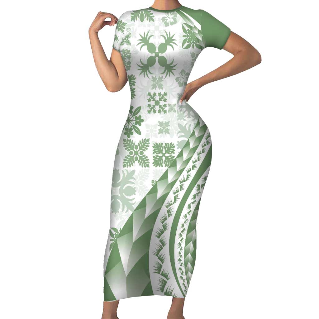 Green Hawaiian Quilt Pattern Family Matching Short Sleeve Bodycon Dress and Hawaiian Shirt Mixed Polynesian Tribal Arty