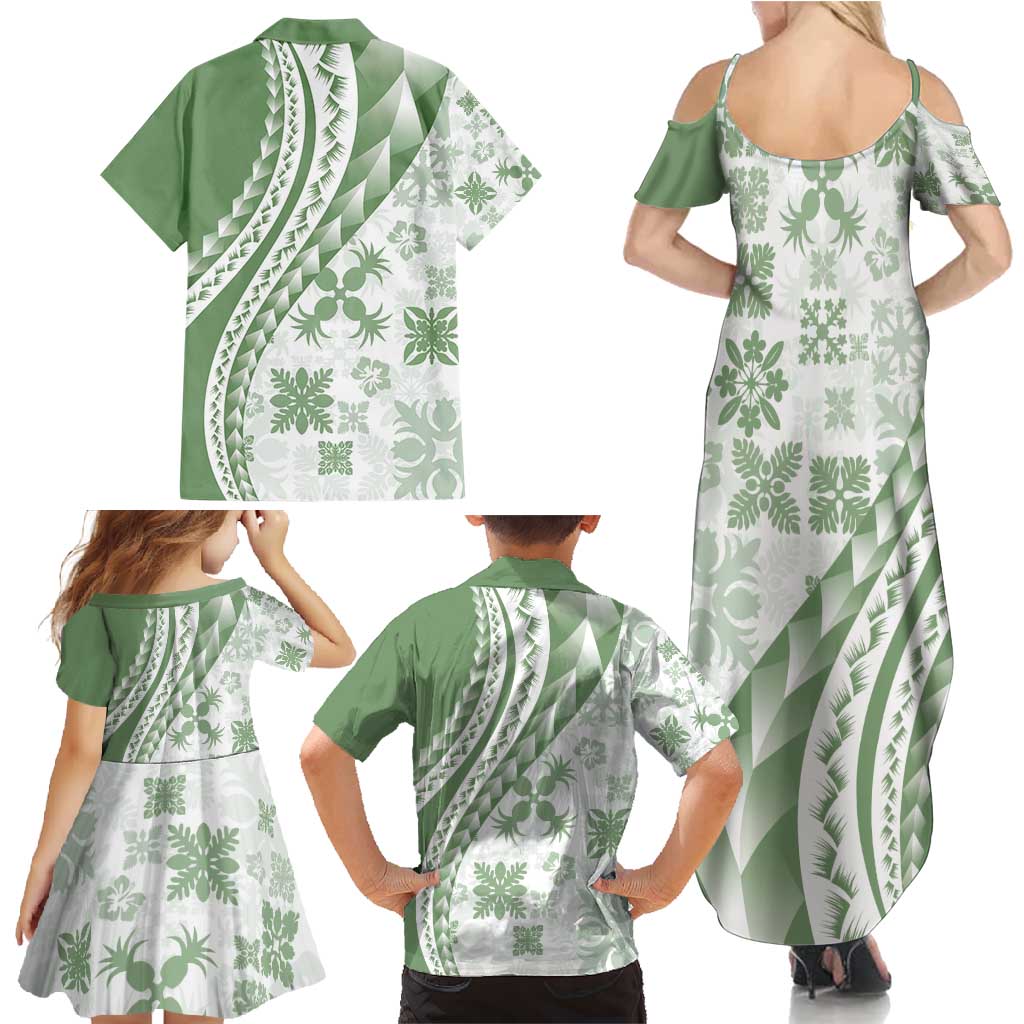 Green Hawaiian Quilt Pattern Family Matching Summer Maxi Dress and Hawaiian Shirt Mixed Polynesian Tribal Arty