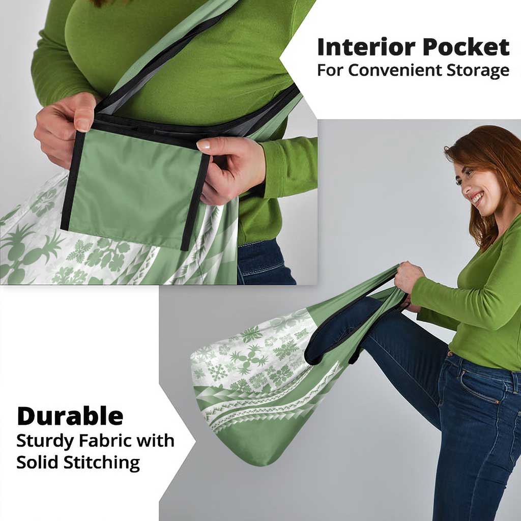 Green Hawaiian Quilt Pattern Grocery Bag Mixed Polynesian Tribal Arty