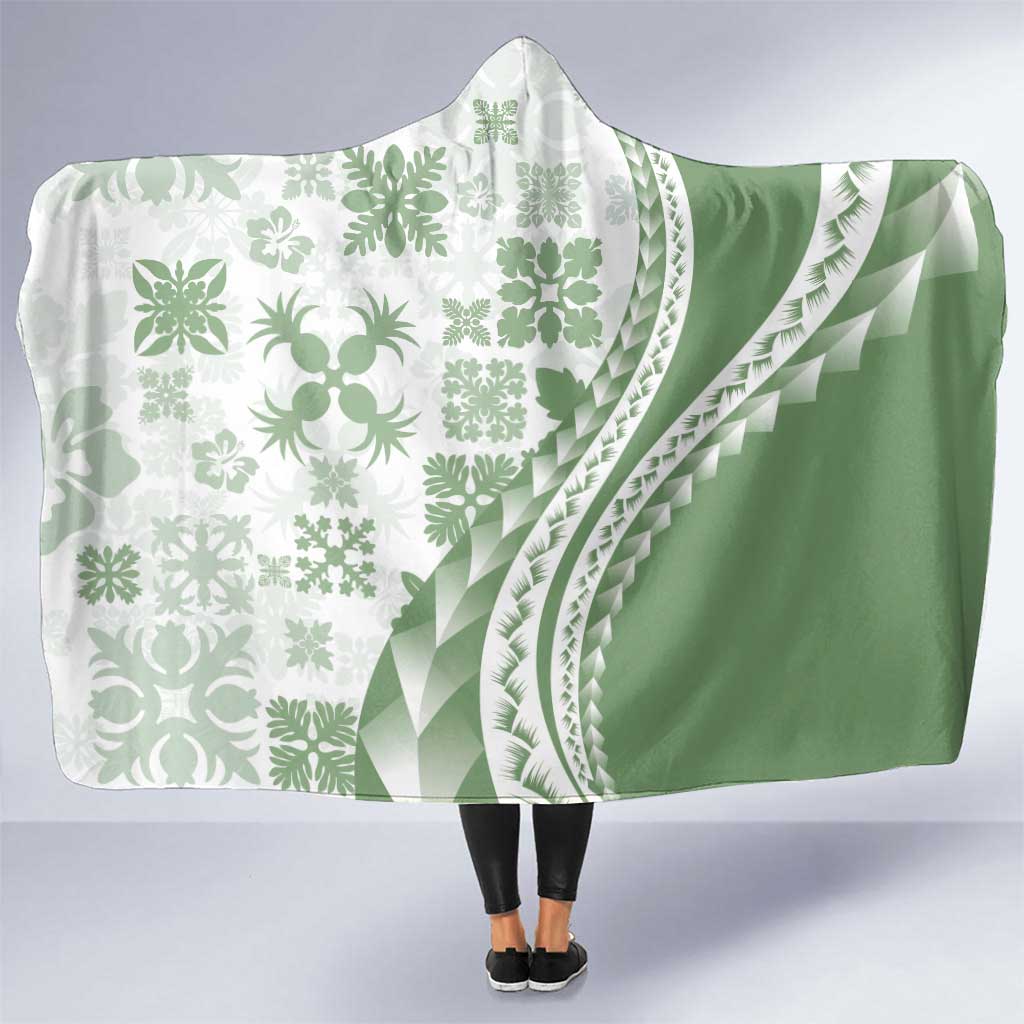 Green Hawaiian Quilt Pattern Hooded Blanket Mixed Polynesian Tribal Arty