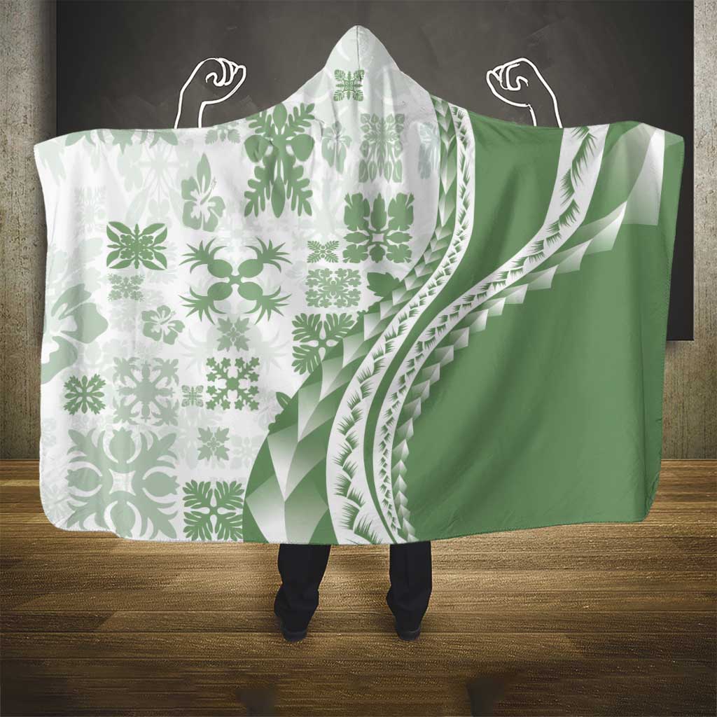 Green Hawaiian Quilt Pattern Hooded Blanket Mixed Polynesian Tribal Arty