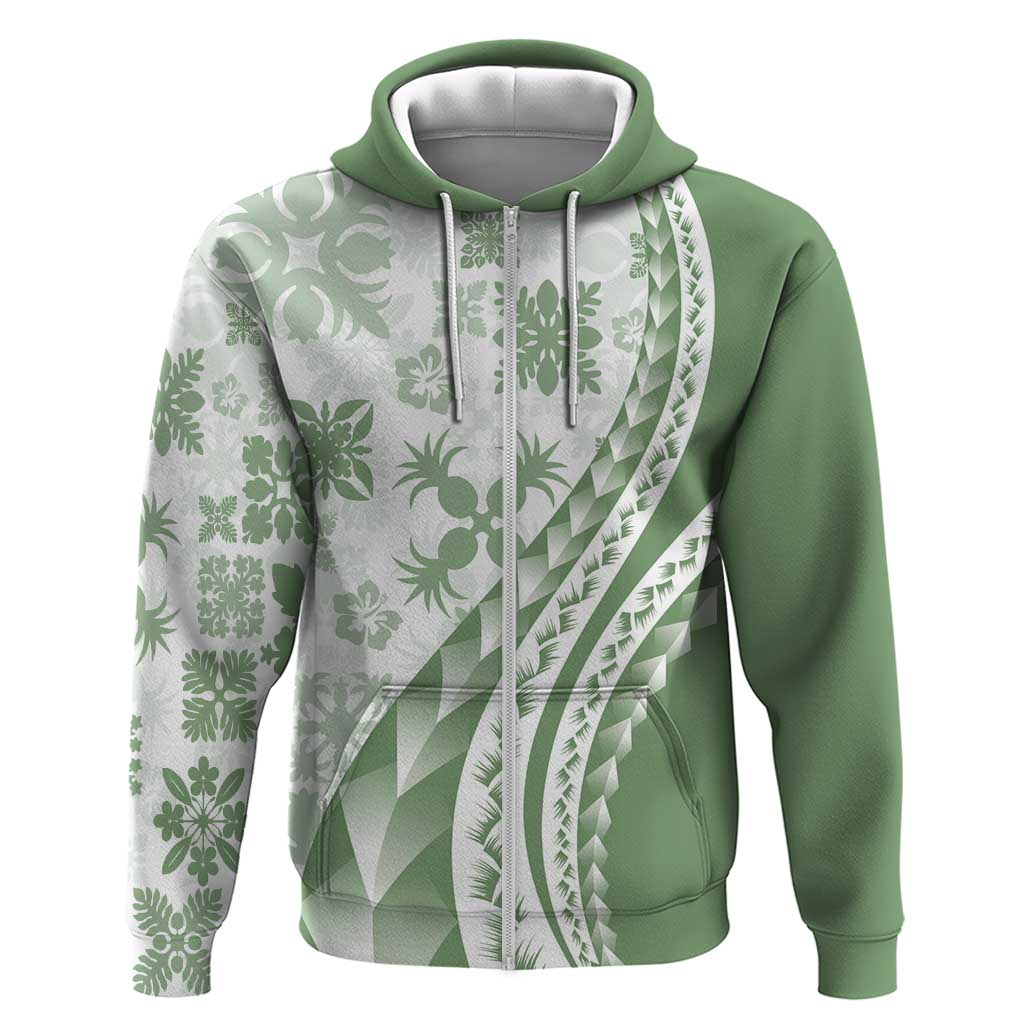 Green Hawaiian Quilt Pattern Hoodie Mixed Polynesian Tribal Arty
