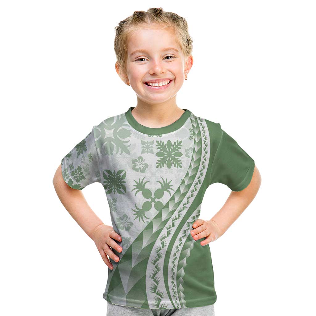 Green Hawaiian Quilt Pattern Kid T Shirt Mixed Polynesian Tribal Arty