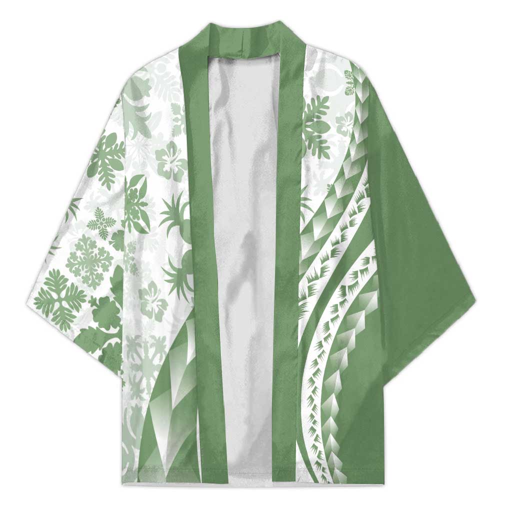 Green Hawaiian Quilt Pattern Kimono Mixed Polynesian Tribal Arty - Polynesian Pride
