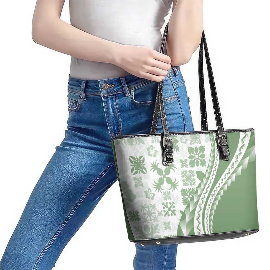 Green Hawaiian Quilt Pattern Leather Tote Bag Mixed Polynesian Tribal Arty