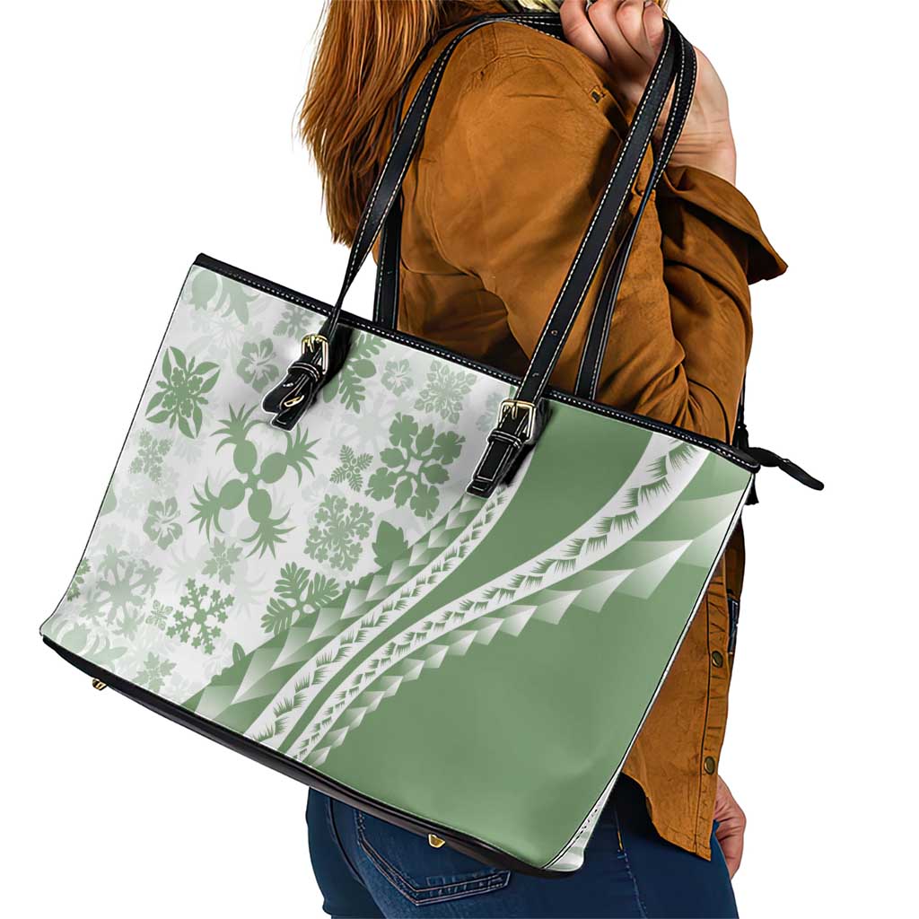 Green Hawaiian Quilt Pattern Leather Tote Bag Mixed Polynesian Tribal Arty