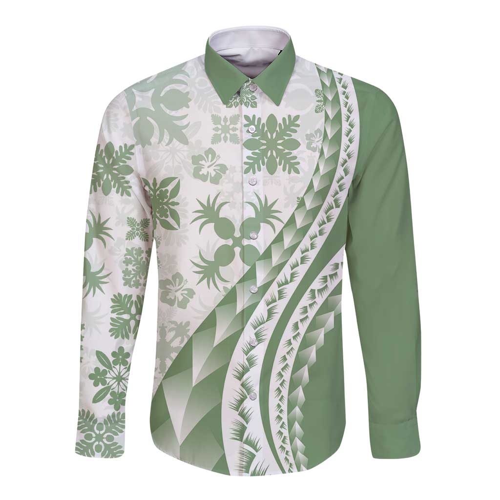 Green Hawaiian Quilt Pattern Long Sleeve Button Shirt Mixed Polynesian Tribal Arty