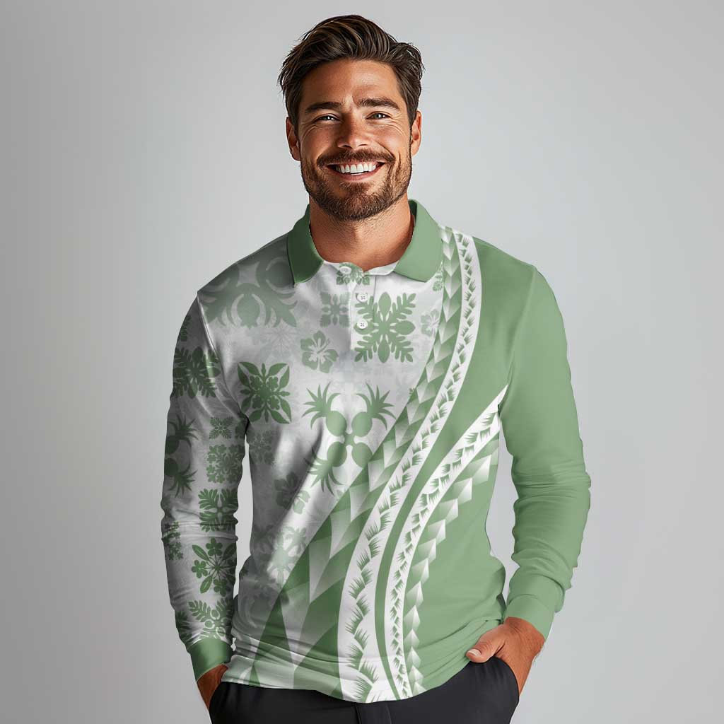 Green Hawaiian Quilt Pattern Long Sleeve Polo Shirt Mixed Polynesian Tribal Arty