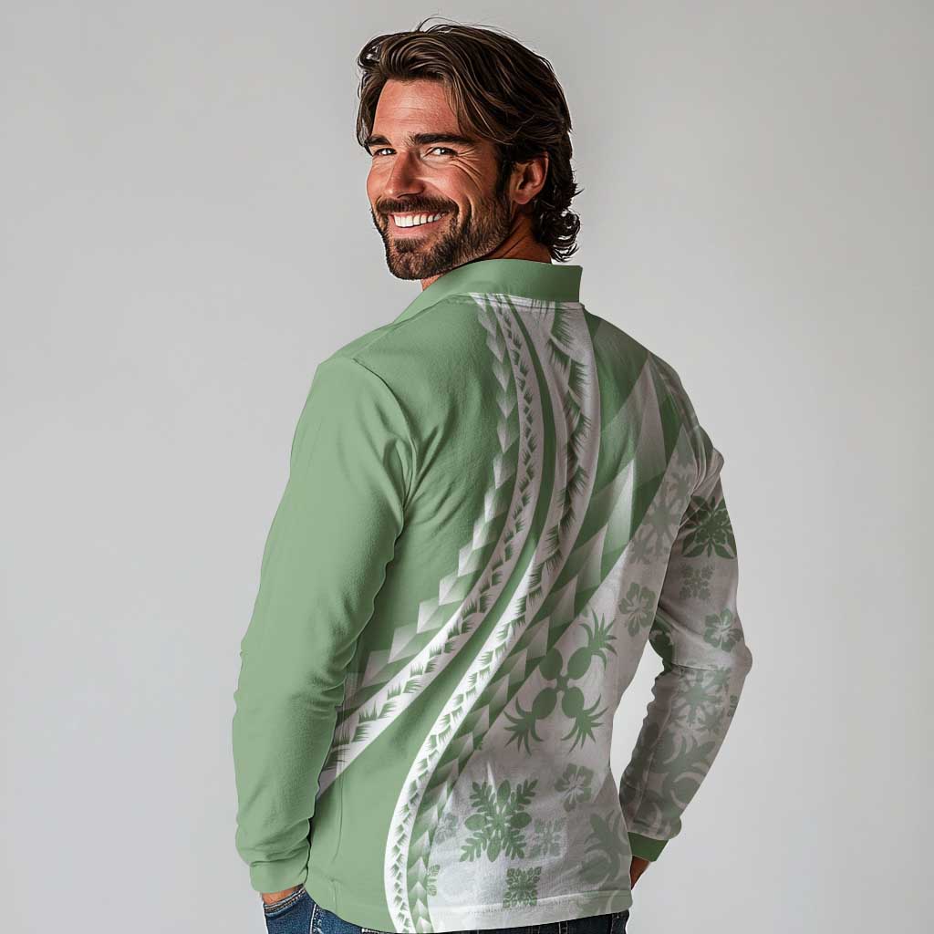 Green Hawaiian Quilt Pattern Long Sleeve Polo Shirt Mixed Polynesian Tribal Arty