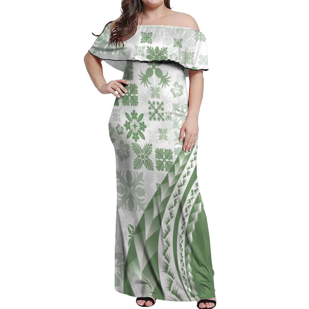 Green Hawaiian Quilt Pattern Off Shoulder Maxi Dress Mixed Polynesian Tribal Arty