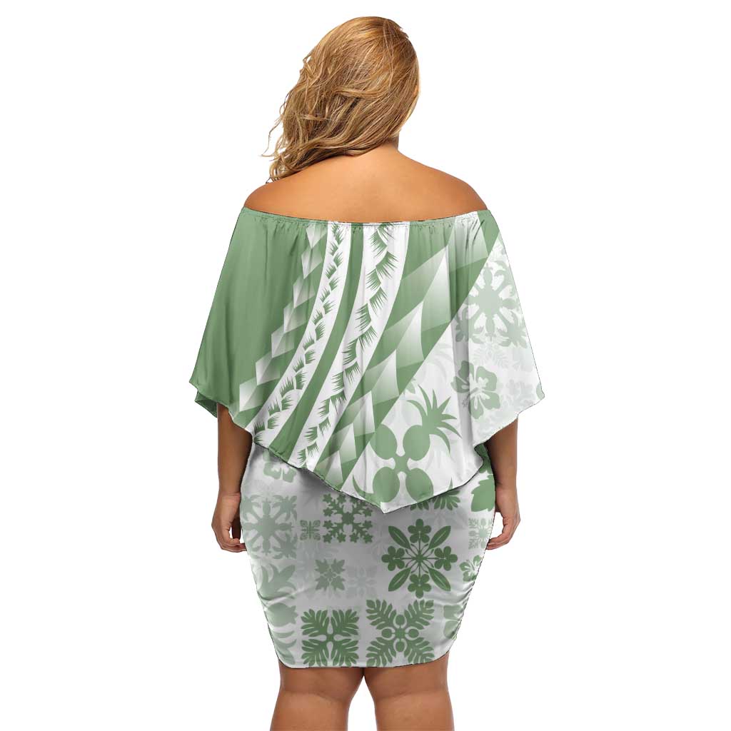 Green Hawaiian Quilt Pattern Off Shoulder Short Dress Mixed Polynesian Tribal Arty