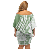 Green Hawaiian Quilt Pattern Off Shoulder Short Dress Mixed Polynesian Tribal Arty