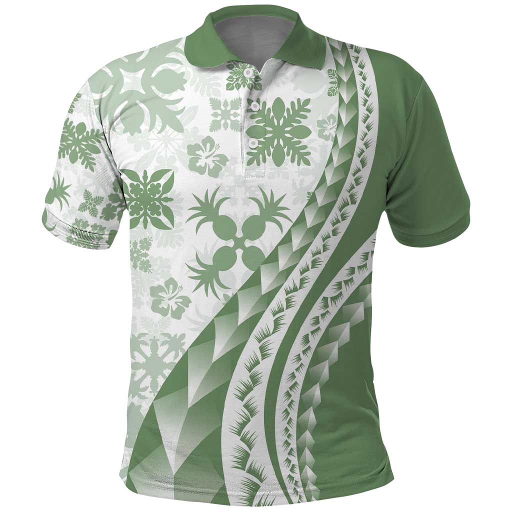 Green Hawaiian Quilt Pattern Polo Shirt Mixed Polynesian Tribal Arty