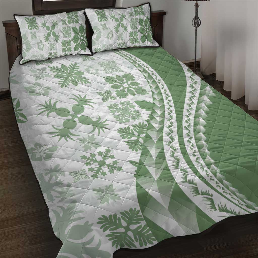 Green Hawaiian Quilt Pattern Quilt Bed Set Mixed Polynesian Tribal Arty