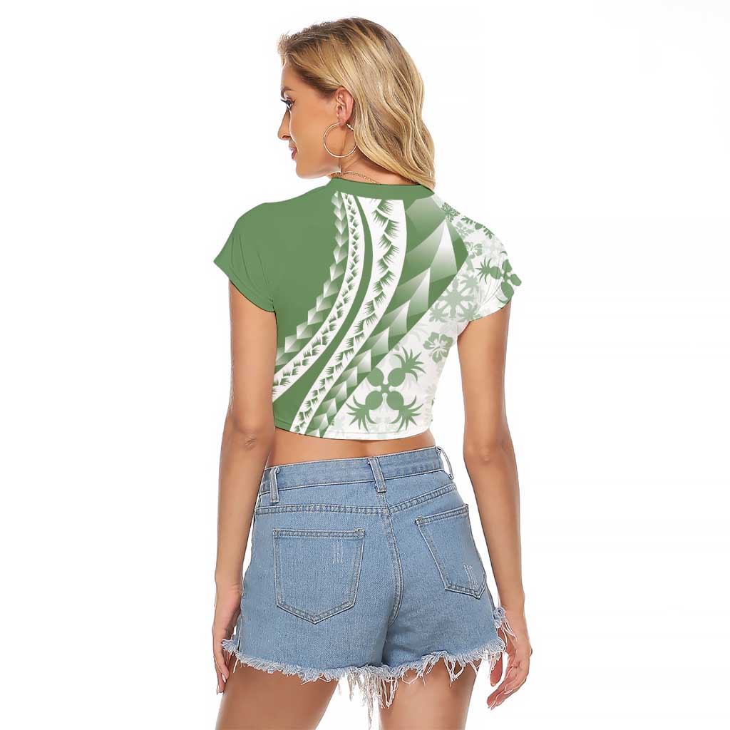 Green Hawaiian Quilt Pattern Raglan Cropped T Shirt Mixed Polynesian Tribal Arty