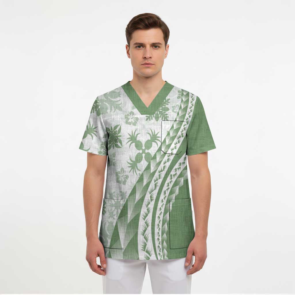 Green Hawaiian Quilt Pattern Scrub Top Mixed Polynesian Tribal Arty - Polynesian Pride