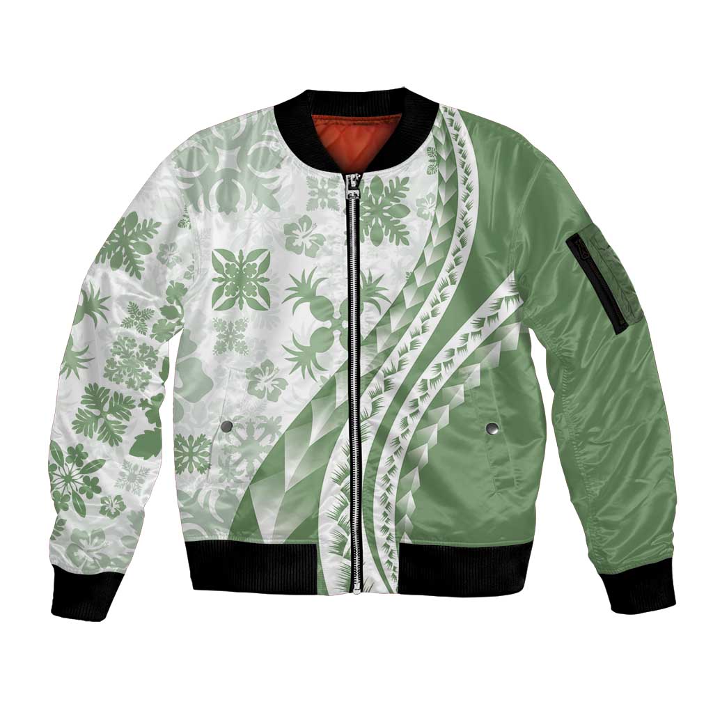 Green Hawaiian Quilt Pattern Sleeve Zip Bomber Jacket Mixed Polynesian Tribal Arty