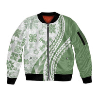Green Hawaiian Quilt Pattern Sleeve Zip Bomber Jacket Mixed Polynesian Tribal Arty