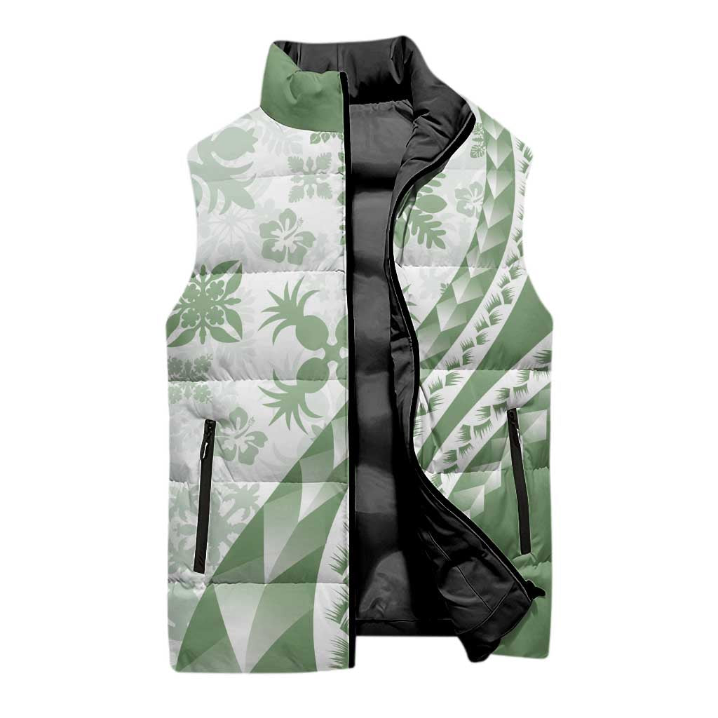 Green Hawaiian Quilt Pattern Sleeveless Puffer Jacket Mixed Polynesian Tribal Arty - Polynesian Pride