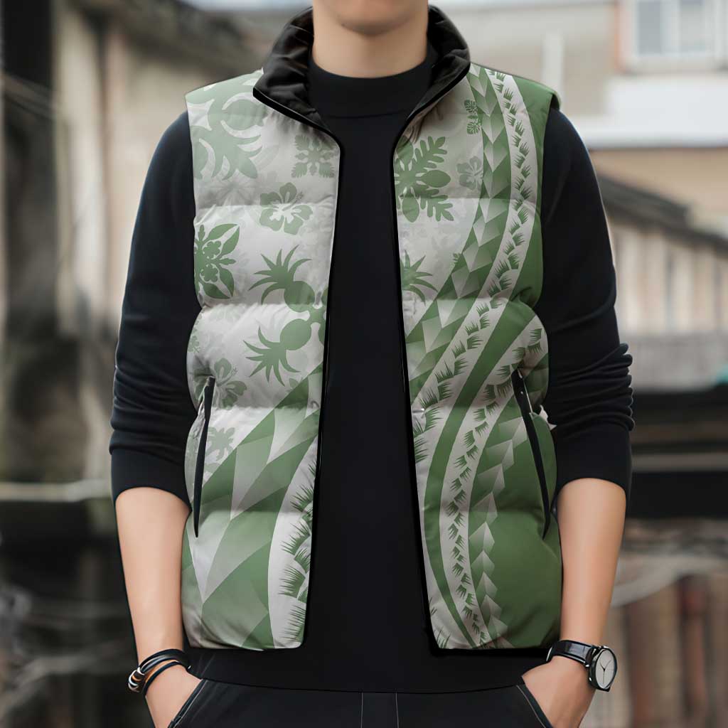 Green Hawaiian Quilt Pattern Sleeveless Puffer Jacket Mixed Polynesian Tribal Arty - Polynesian Pride