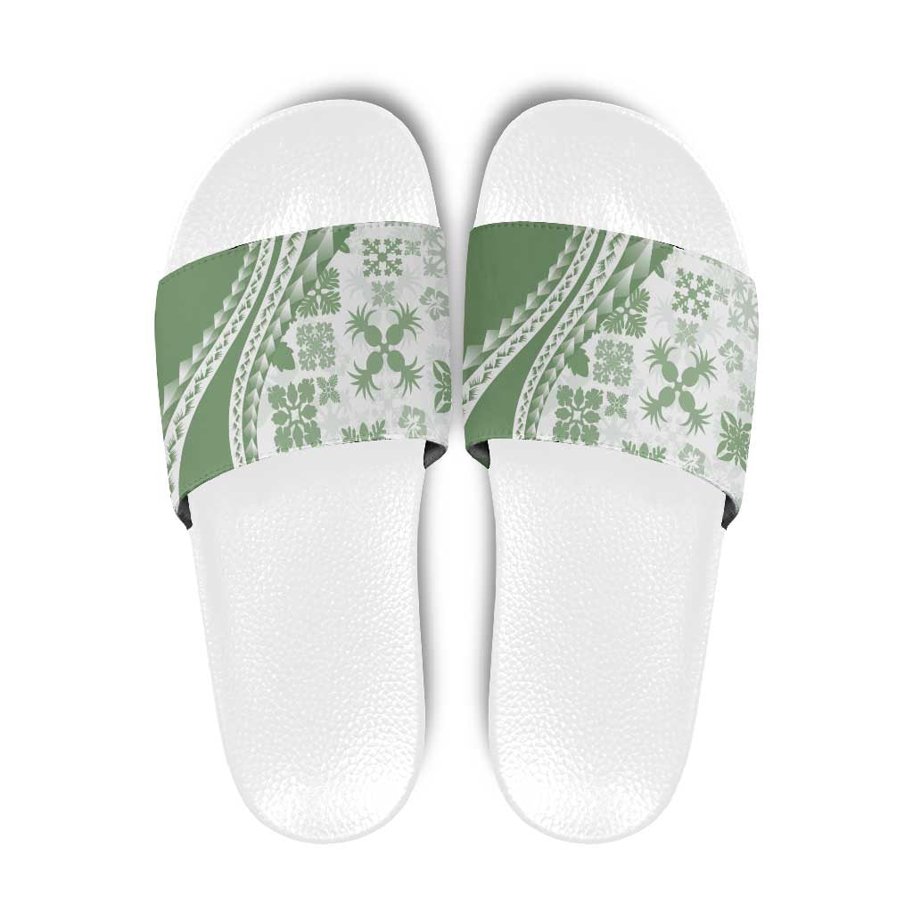 Green Hawaiian Quilt Pattern Slide Sandals Mixed Polynesian Tribal Arty - Polynesian Pride