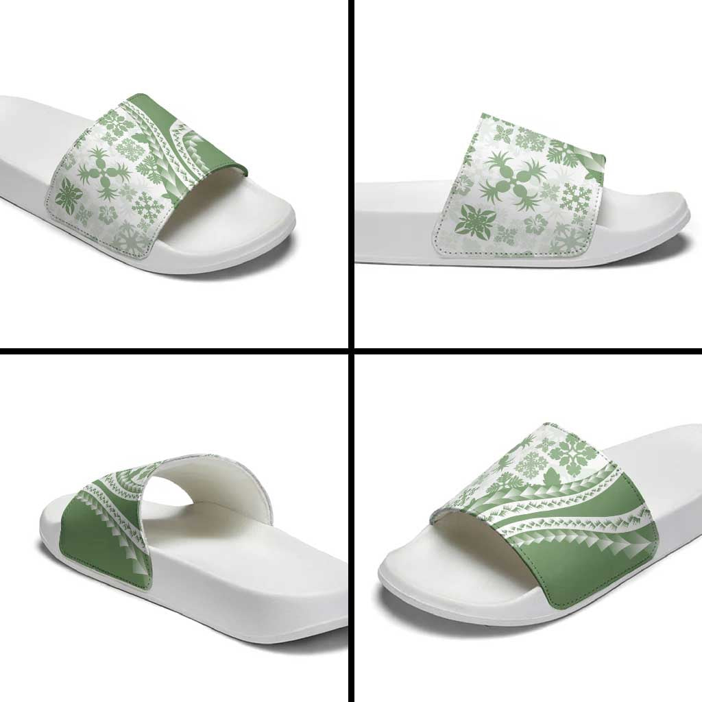 Green Hawaiian Quilt Pattern Slide Sandals Mixed Polynesian Tribal Arty - Polynesian Pride
