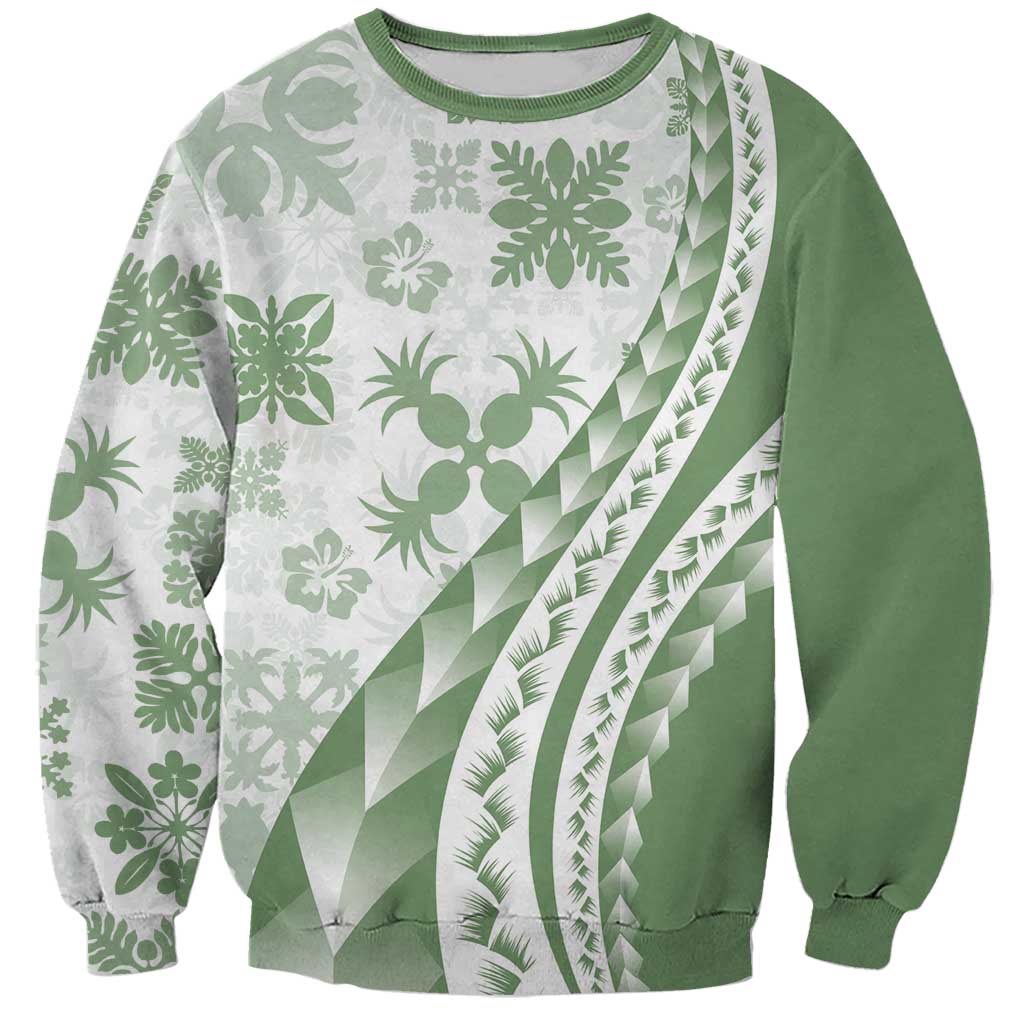 Green Hawaiian Quilt Pattern Sweatshirt Mixed Polynesian Tribal Arty