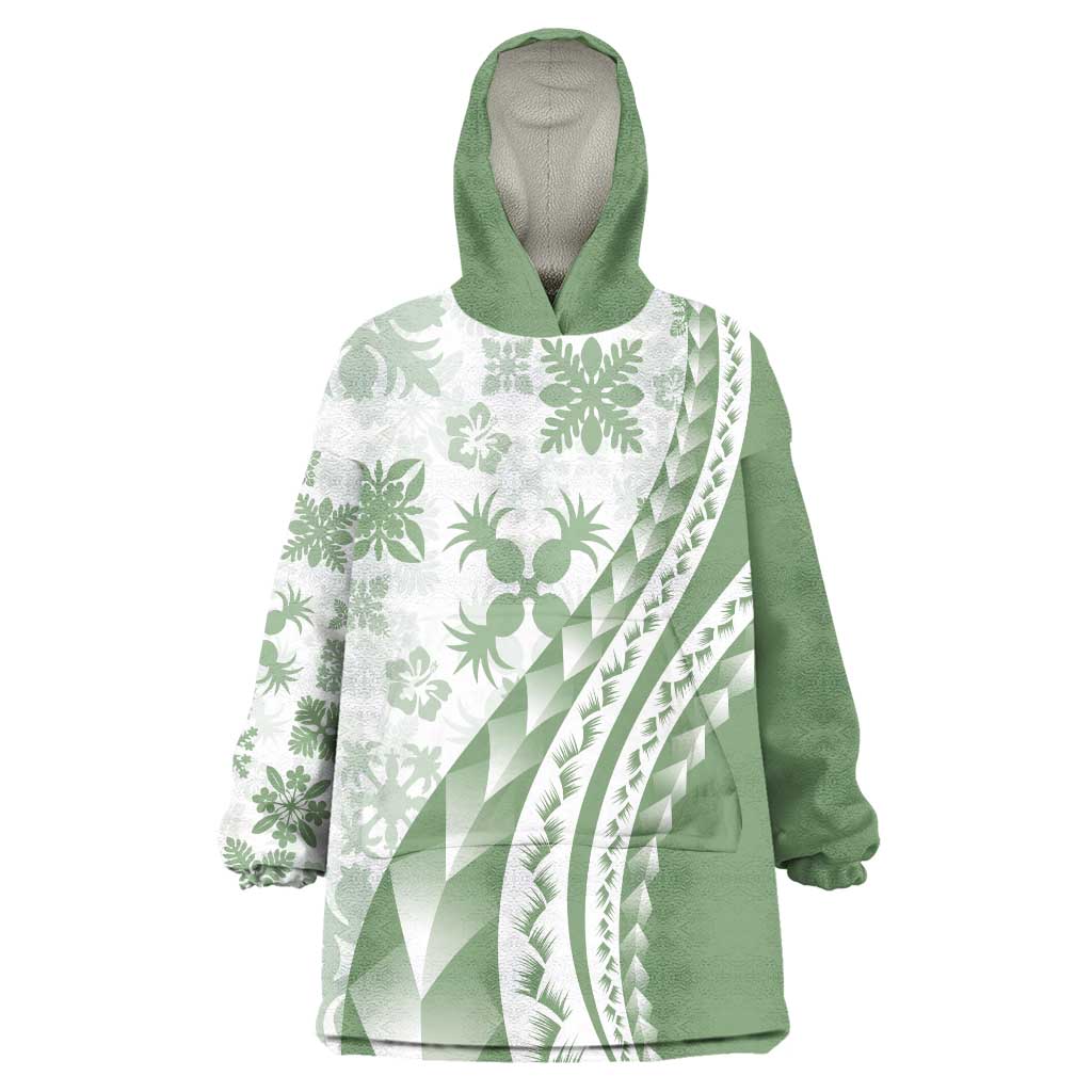 Green Hawaiian Quilt Pattern Wearable Blanket Hoodie Mixed Polynesian Tribal Arty