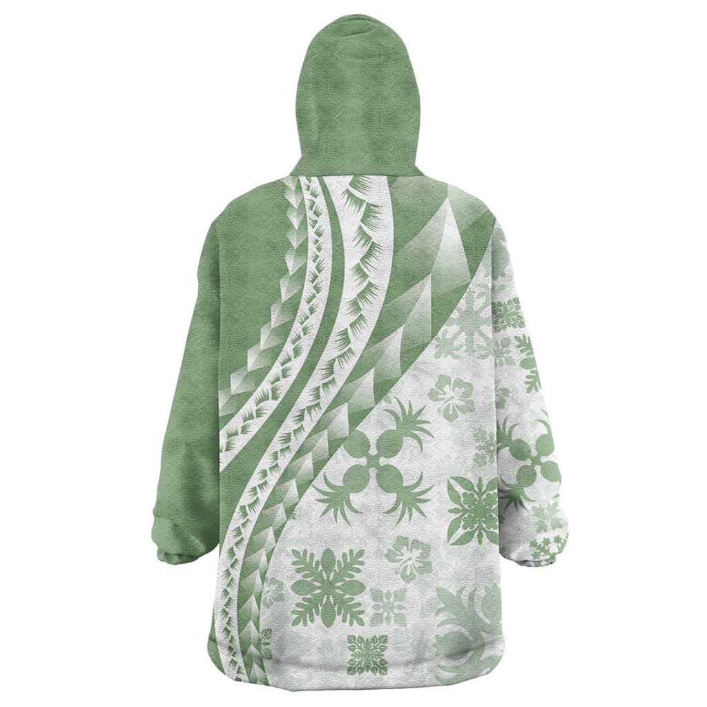 Green Hawaiian Quilt Pattern Wearable Blanket Hoodie Mixed Polynesian Tribal Arty