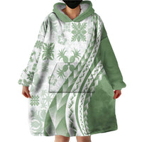 Green Hawaiian Quilt Pattern Wearable Blanket Hoodie Mixed Polynesian Tribal Arty