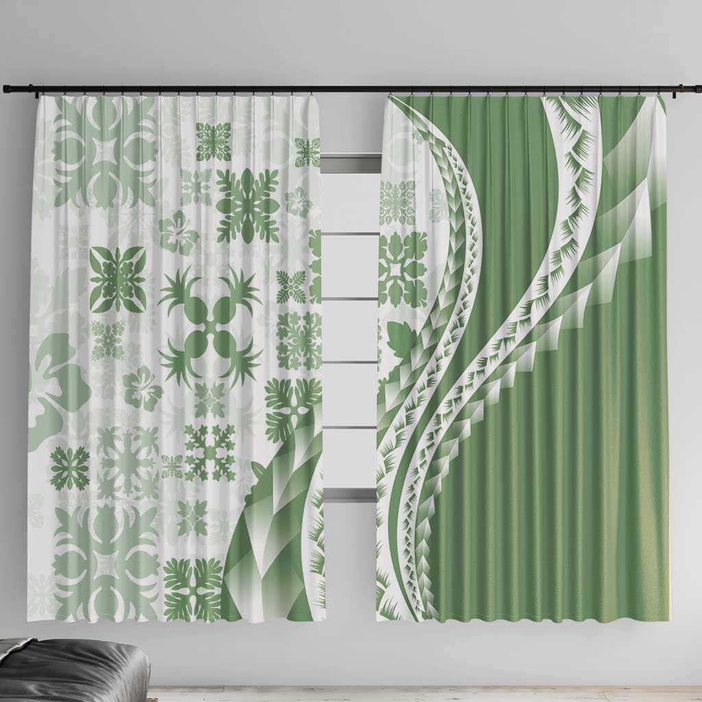 Green Hawaiian Quilt Pattern Window Curtain Mixed Polynesian Tribal Arty