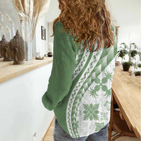 Green Hawaiian Quilt Pattern Women Casual Shirt Mixed Polynesian Tribal Arty