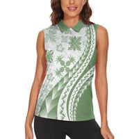 Green Hawaiian Quilt Pattern Women Sleeveless Polo Shirt Mixed Polynesian Tribal Arty