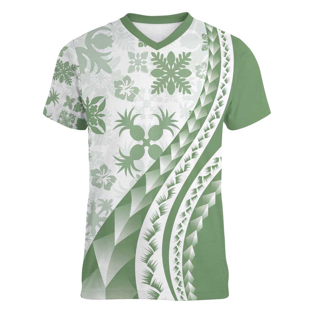 Green Hawaiian Quilt Pattern Women V-Neck T-Shirt Mixed Polynesian Tribal Arty