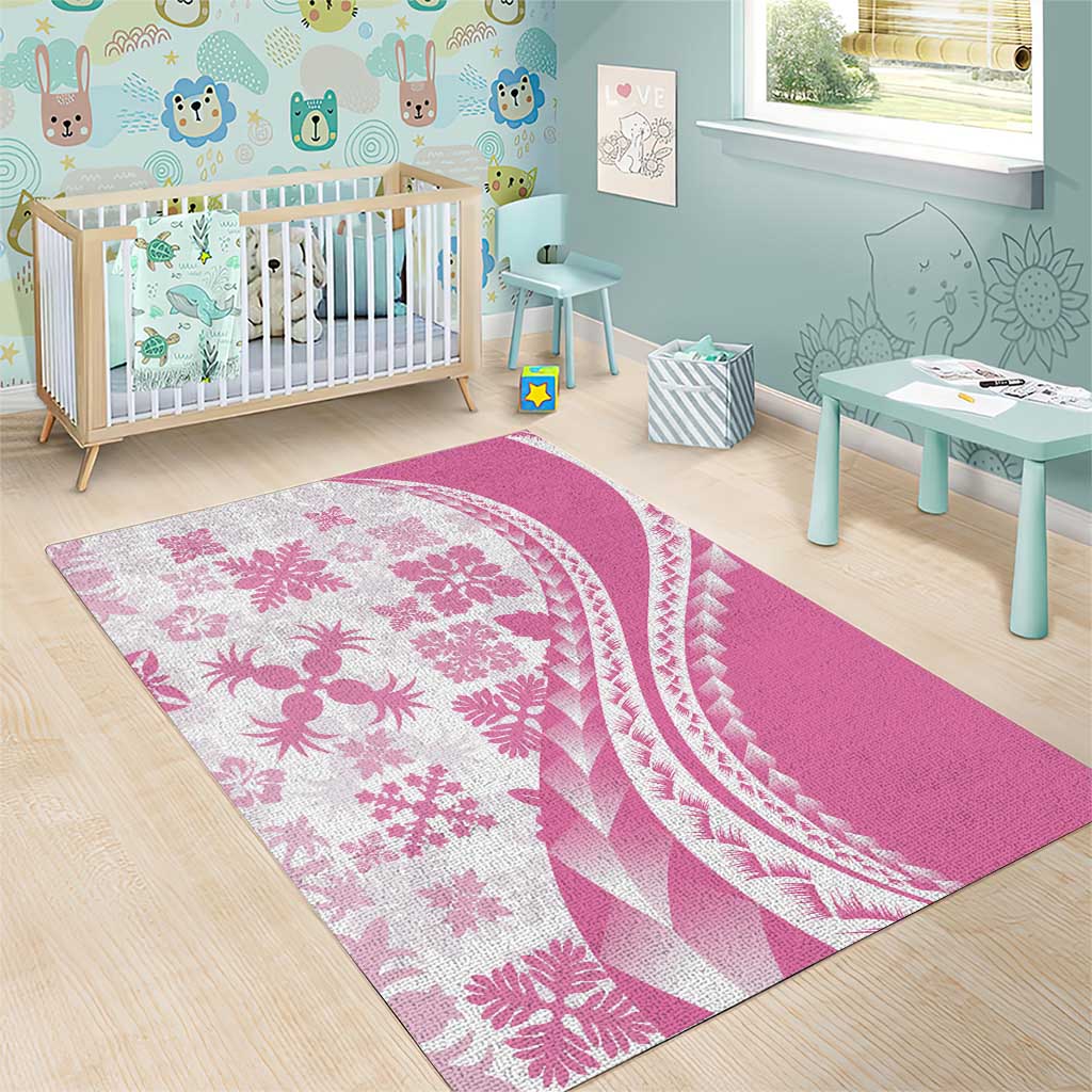 Pink Hawaiian Quilt Pattern Area Rug Mixed Polynesian Tribal Arty