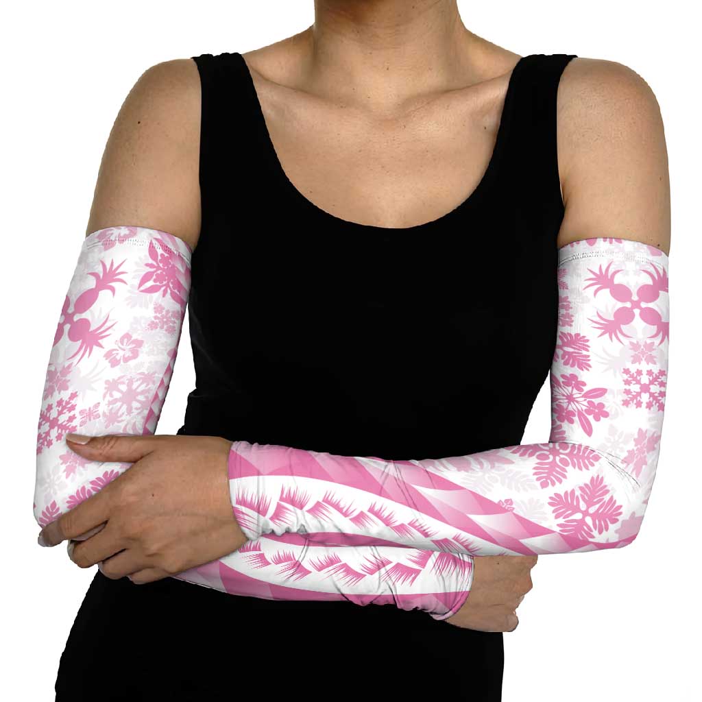 Pink Hawaiian Quilt Pattern Arm Sleeves Mixed Polynesian Tribal Arty - Polynesian Pride