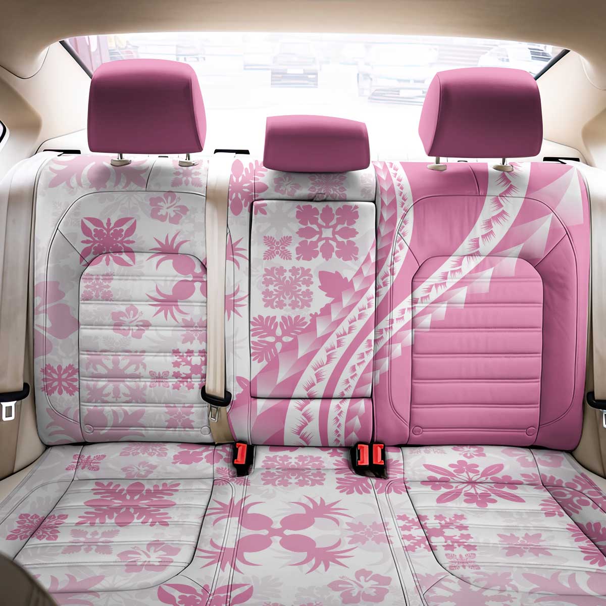 Pink Hawaiian Quilt Pattern Back Car Seat Cover Mixed Polynesian Tribal Arty