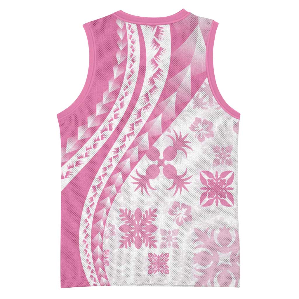 Pink Hawaiian Quilt Pattern Basketball Jersey Mixed Polynesian Tribal Arty - Polynesian Pride